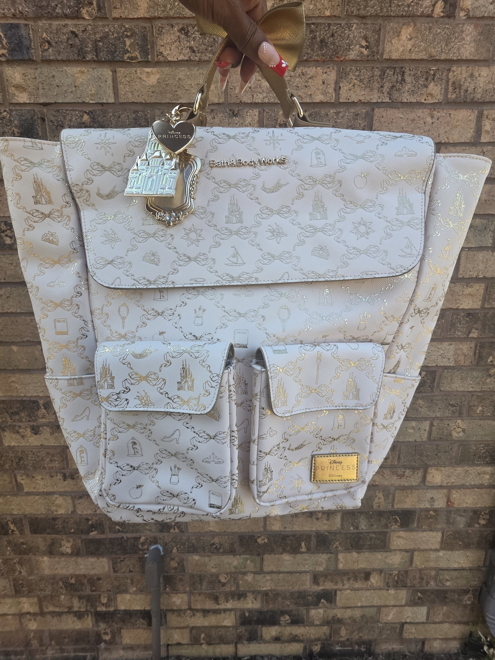 Bath & Body Works Disney Princess Gold & White Backpack Bag w/ Charms